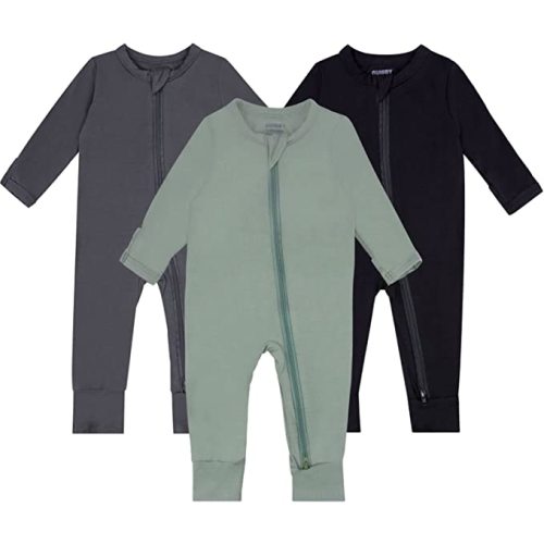 GUISBY Bamboo Baby Footless Pajamas with Mittens, 3Pcs Girls Boys Long Sleeve Snug Fits Sleepers - Sliver Grey-black-green - 0-3 Months