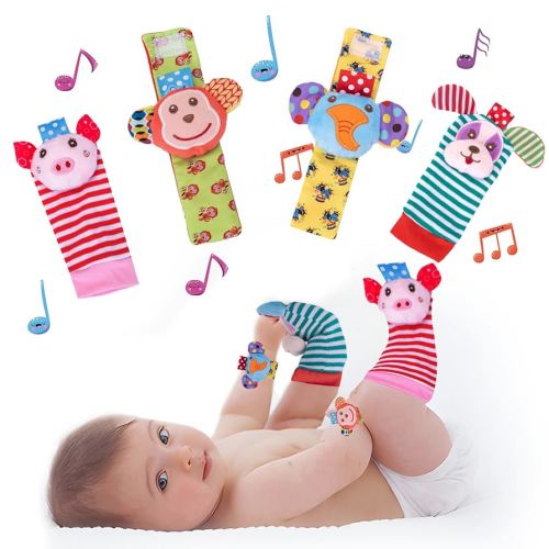 4pcs Soft Baby Wrist Rattle Foot Finder Socks Set Cartoon Socks for Babies Animal Plush Stuffed Infant Toys Baby Shower Birth Gift for Newborn Boy Girl 0-6 6-12 Months 0-3 Years Old