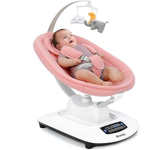 Ezebaby Baby Swing for Infants and Newborns with 5 Unique Motions, Adjustable Speed and Positions, Lullabies, Infant Swing with 5-Point Harness, Baby Swing for Newborn Babies 0-9 Months Pink