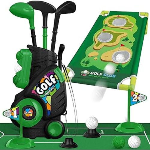Liberry Toddler Golf Set for Age 2 3 4 5 Boys Girls, Upgraded Kids Golf Cart with Putting Mat & Cornhole Board, Outdoor Indoor Sports Toys for Birthday, Black