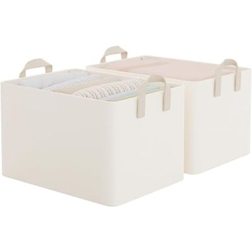 StorageWorks Fabric Storage Bins, Large Storage Baskets for Shelves, Closet Organizers and Storage Bins with Metal Frame, Handles, Beige, Cool Silky Fabric, 2-Pack