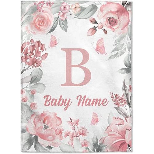 FLOCHIL Personalized Baby Blankets, Custom Baby Blanket - Baby Blanket with Name for Girls, Best Gift for Baby, Newborn Floral Plush Fleece (30x40)