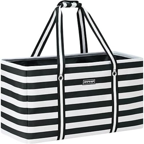 Stand Up Extra Large Utility Tote Bag, Foldable Reusable Grocery Bags with Metal Wire Frame & Reinforced Bottom Board, Large Utility Tote for Shopping, Car Trunk, Beach Bag（Black）