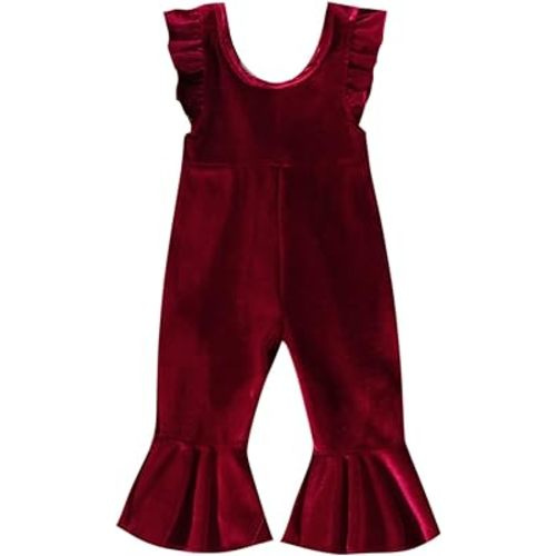 Toddler Baby Girl Ruffle Velvet Overalls Suspender Flare Pants Christmas One-piece Jumpsuit Bell Bottom Trousers