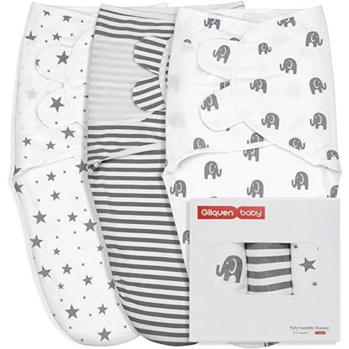 GLLQUEN BABY Newborn Swaddle Blankets for Baby Boy, 3 Pack Baby Swaddles 0-3 Months, Swaddling Sleep Sack, Infant Wrap Swaddle Sack, Elephant & Star & Stripe, Newborn Essentials