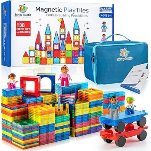 Magnetic Tiles 138 PCS+ 4 Figures+ Bonus Zippered CASE, Magnetic Tiles for Kids Toy for 3 4 5 6 7 8 Year Old Boys & Girls