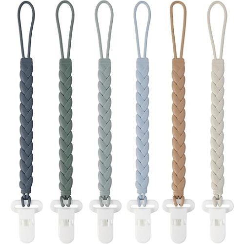 6-Pack Silicone Pacifier Clips with a Woven Rope Shape for Baby Boys and Girls - Flexible and Rust-Free Holders for Teething Relief and Baby Essentials, Safe for Newborns (Grey)