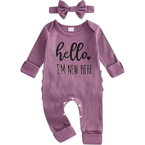 FIOMVA Im New Here Newborn Outfit Girl Long Sleeve Letter Romper Ribbed Knit Jumpsuit Baby Girl Preemie Coming Home Outfit