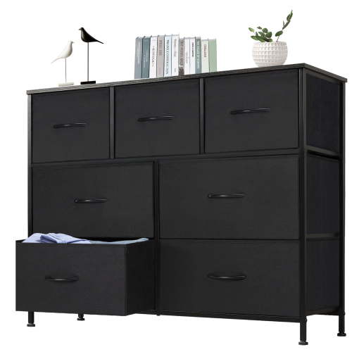 EDX 7 Drawer Dresser, Wide Chest of Drawers Nightstand Storage Tower Storage Fabric Dresser with Wood Top for Living Room, Bedroom, Hallway, Black