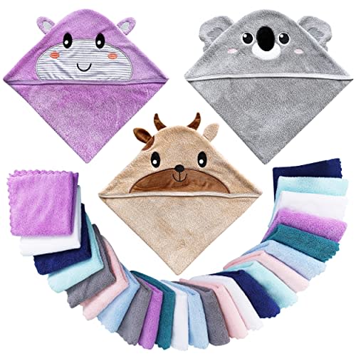 Lovely Care 3 Pack Baby Hooded Bath Towel with 24 Count Washcloth Sets for Newborns Infants & Toddlers, Boys & Girls - Baby Registry Search Essentials Item - Cattle, Koala, Hippo