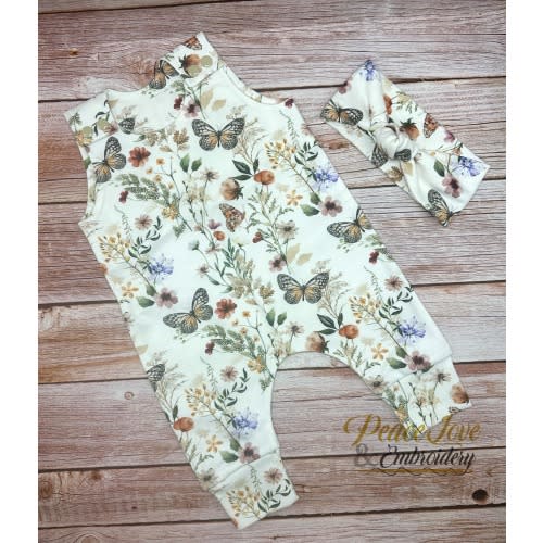 Wildflower Baby Romper, Organic Baby Clothes, Flowery with Butterflies Baby Romper, Special Occasion Baby Harem Romper, Trendy & Modern Baby