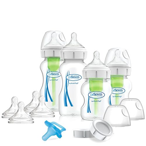 Dr. Brown’s Natural Flow® Anti-Colic Options+™ Wide-Neck Bottle Essentials Gift Set with Breast-Like Nipple, 100% Silicone HappyPaci™ Pacifier and Baby Bottle Travel Caps