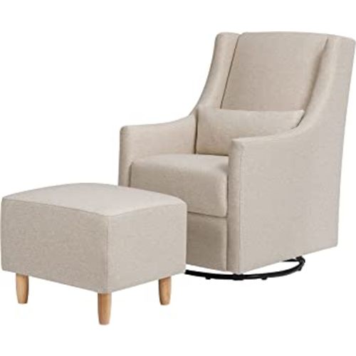 Babyletto Toco Upholstered Swivel Glider and Stationary Ottoman in Performance Beach Eco-Weave, Water Repellent & Stain Resistant, Greenguard Gold Certified