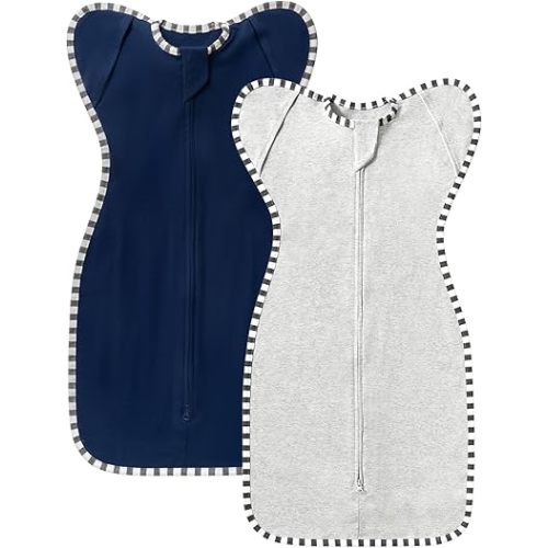 Transition Swaddle, 2 Pack 100% Cotton Baby Sleep Sack, 2-Way Zipper Infant Arm Up Swaddle for Newborn Baby Boys Girls (Light Grey + Estate Blue, S(0-3 Months))