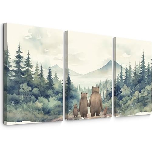 Nursery Animal Wall Art Woodland Bear Wall Decor Wild Forest Animals Canvas Pictures Baby Nursery Woodland Poster Watercolor Forest Painting Family of Four for Boy Kids Bedroom 12x16x3 Inch Framed