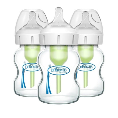 Dr. Brown's Natural Flow Anti-Colic Options+ Wide-Neck Glass Baby Bottles 5 oz/150 mL, with Level 1 Slow Flow Nipple, 3 Pack, 0m+