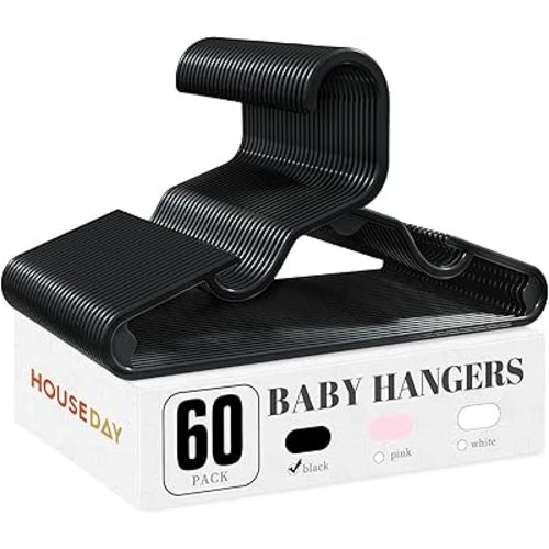 HOUSE DAY Plastic Baby Hangers for Closet 60 Pack, Durable Plastic Kids Hangers for Baby Clothes, Thin & Compact Childrens Hangers, Space Saving Black Baby Hanger, Small Hanger for Kids Clothes