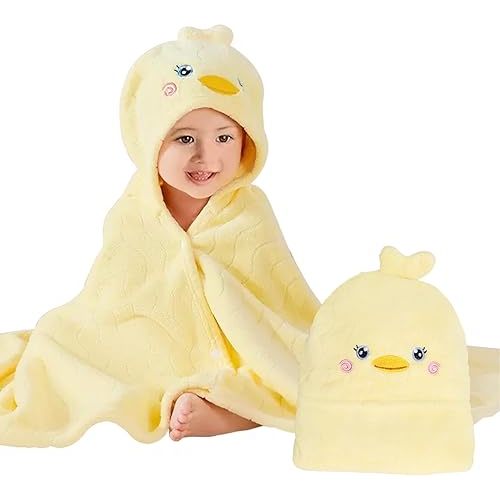 Cute Animal Hooded Baby Towel Soft Coral Fleece Baby Towels with Hood Toddler Bath Towel Large 27 x 55 Inch Ultra Absorbent Hooded Bath Towels for Babies Baby Bath Towel (Yellow)