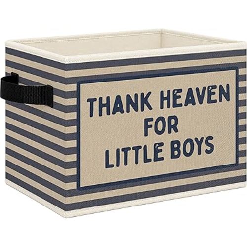 Boys Foldable Storage Bins Box with Handles, Thanks Heaven for Little Boys Blue Striped Collapsible Toys Books Clothes Organizer Basket for Kids Boy Nursery Room Bedroom Playroom Bathroom
