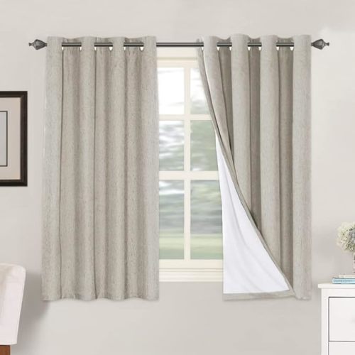 H.VERSAILTEX Primitive Linen Curtains 100% Blackout Curtain Drapes Burlap Fabric Curtains with White Thermal Insulated Liner, Grommet Top Drapes Living Room/Bedroom (2 Panels, 52 x 54 Inch, Ivory)