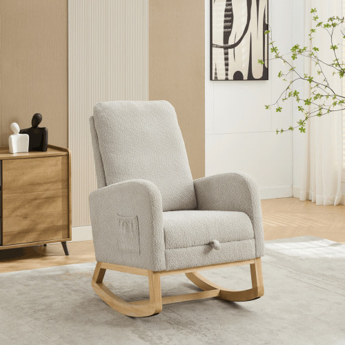 25.4"W Rocking Chair Nursery,High Back Glider Rocking Chair with Retractable Footrest,Side Pocket,Rocking Accent Armchair with Rubber Wood Legs for Living Room/Bedroom,Light Gray