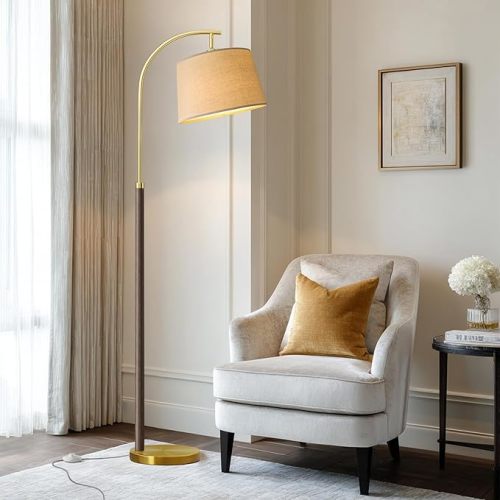 62.5" Gold Floor Lamp for Living Room Dimmable Standing Lamp with Remote & Foot Switch, 3 Color Temperatures Arc Tall Lamp Wood Mid Century Modern Floor Lamps for Bedroom Office, 9W Bulb Included