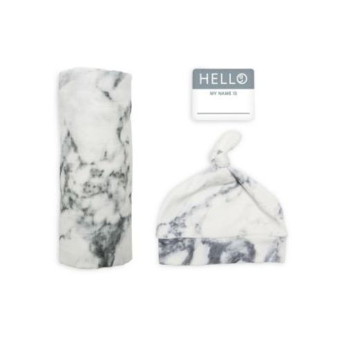 Unisex 3 Pc. Hello World Marble Print Hat, Blanket & Name Tag Set - Baby