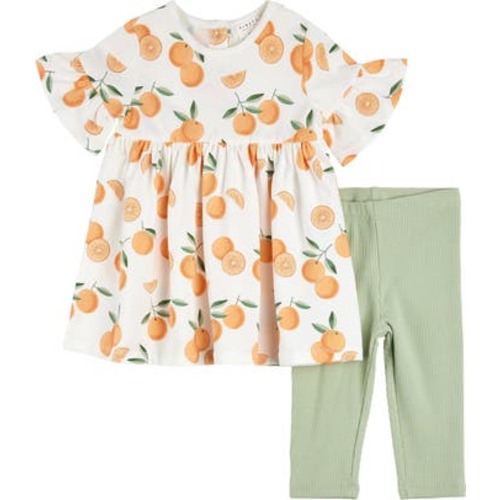 Orange Print Cotton Flutter Sleeve Top & Leggings Set, 6M