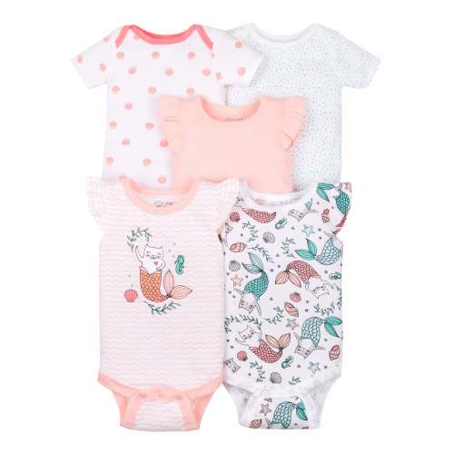 Little Star Organic Baby Girl 100% Organic Cotton Short Sleeve 5-pack Bodysuits, Size Newborn-24 Months
