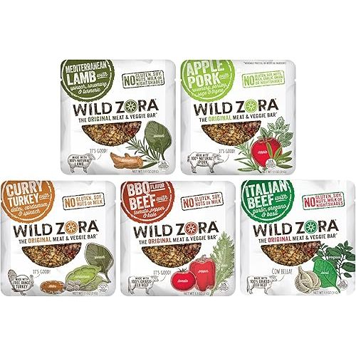 Wild Zora Meat & Veggie Bars, Variety 5-Pack, Natural Pork, Beef, Lamb, & Turkey Jerky Snacks, Healthy Paleo Snacks, AIP Friendly Options, Gluten Free, Soy Free, High Protein, No Added Sweetener