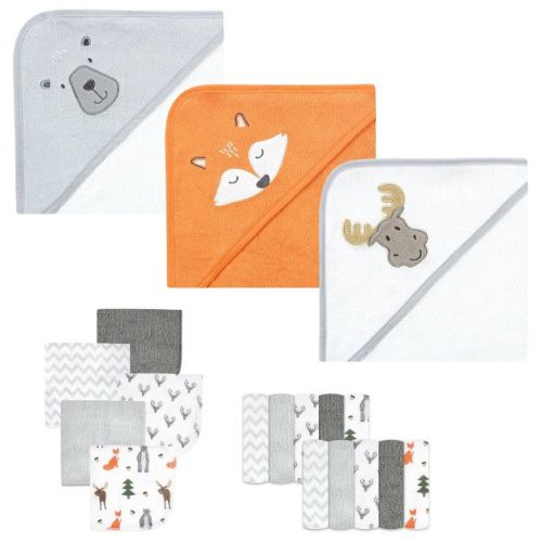 Hudson Baby Infant Boy Animal Hooded Towel 3pk and 15 Washcloths, Woodland, One Size