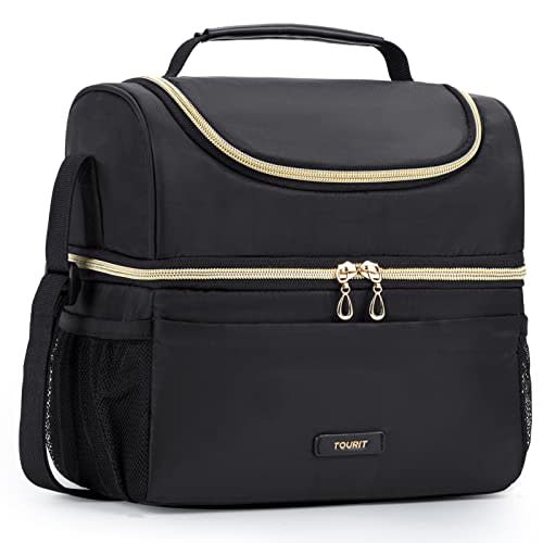 TOURIT Insulated Lunch Bag with Dual Compartment, Leakproof Cooler Tote for Work Office Picnic, Thermal Food Container Black