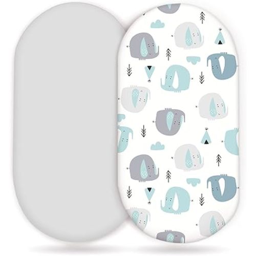 Stretchy Ultra Soft Fitted Bassinet Sheets 2 Pack, Universal Fitted Sheets for Rectangle, Oval, or Hourglass Bassinet Mattresses or Changing Pads, Cute Elephant Baby Sheets for Boy and Girl
