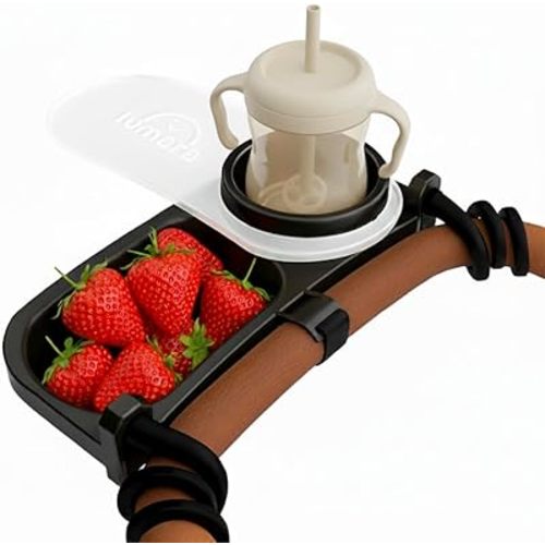 Universal Stroller Snack Tray with Cup Holder 2 in 1 - Stroller Tray Attachment for Baby & Toddler - Baby Stroller Accessories - Fit Most Strollers, Dishwasher Safe with Dust Cover & Silicone Arms