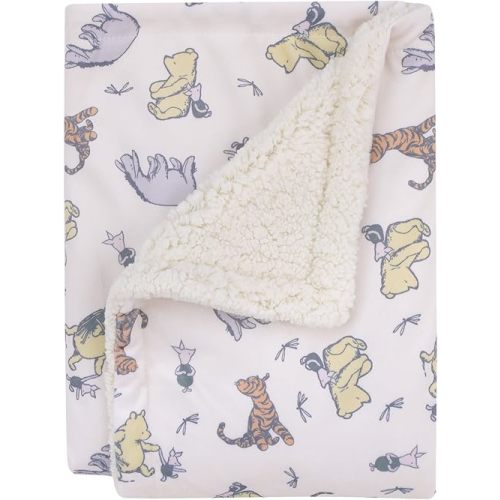 Disney Classic Pooh Naturally Friends Ivory and Taupe Piglet, Eeyore, and Tigger Super Soft Sherpa Baby Blanket