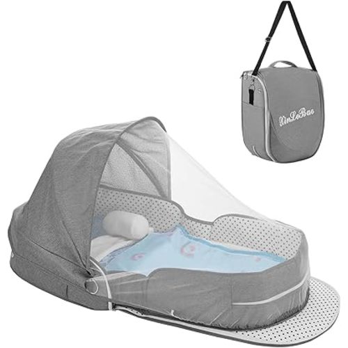 Baby Travel Bassinet Portable Bassinets, Foldable Converts to Backpack for Travel, Lightweight Travel Baby Lounger with 2-1 Mosquito & Canopy (Gray)