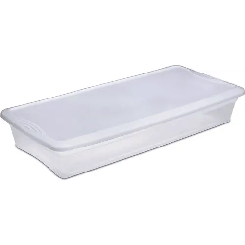 Sterilite 41 Qt Underbed Storage Box, Stackable Bin with Lid, Plastic Container to Organize Bedroom, Clear Base and White Lid, 6-Pack