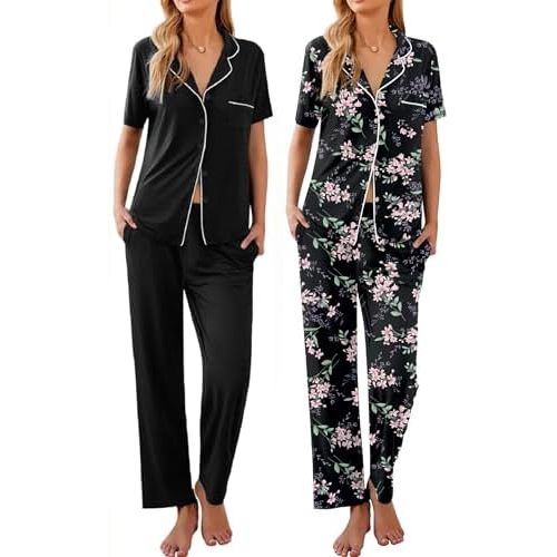 Ekouaer 2 Pack:Womens Pajamas Short Sleeve Pjs Notch Collar Button Up Loungewear Cozy Sleepwear Sets