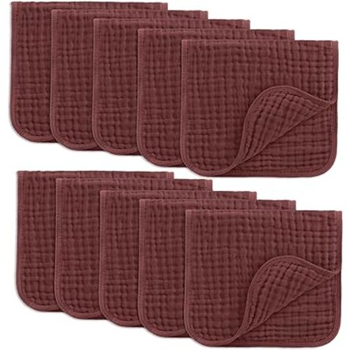 Comfy Cubs Muslin Burp Cloths 20" x 10", Pack of 10 - Large, 6-Layer, Ultra Absorbent 100% Cotton for Baby Drool and Messes - Soft, Safe & Gentle Baby Burp Cloths Set for Boys & Girls - Wine