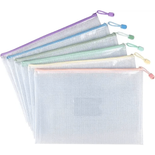 6 Pack Mesh Zipper Pouch with Label Pocket, Waterproof Zipper Bags, Document Bag Letter/A4, Durable Pouches for Organization Bag Board Game Storage