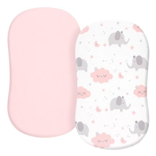 TILLYOU Baby Bassinet Sheets for Girls Boys, Fit for Hourglass Oval Rectangle Bassinet Mattress Sheets, 33”X16”, 2 Pack Elephant & Cloud Pink