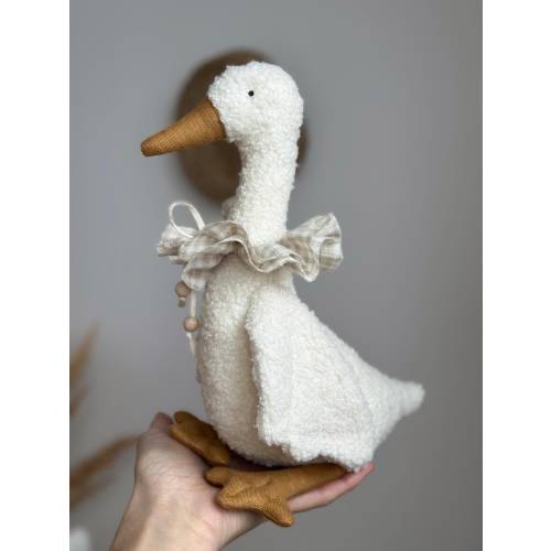 Handmade Plush Goose – Bouclé Soft Toy with Linen Details, Decorative Sitting Goose, Easter Gift, Baby shower gift, Provençal-style toy.