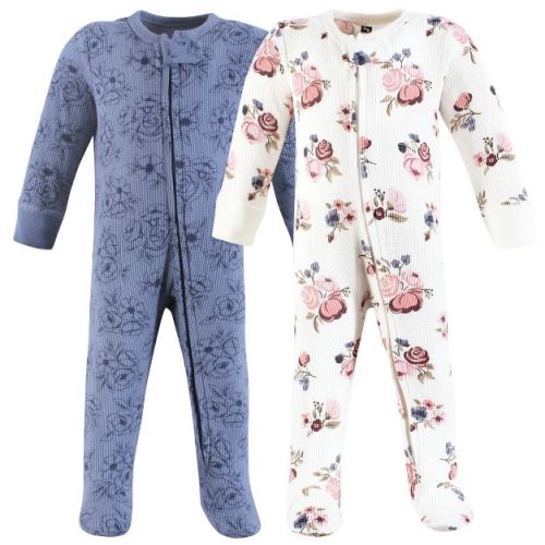 Hudson Baby Girls Thermal Zipper Sleep And Play 2pk, Dusty Rose Floral, Newborn