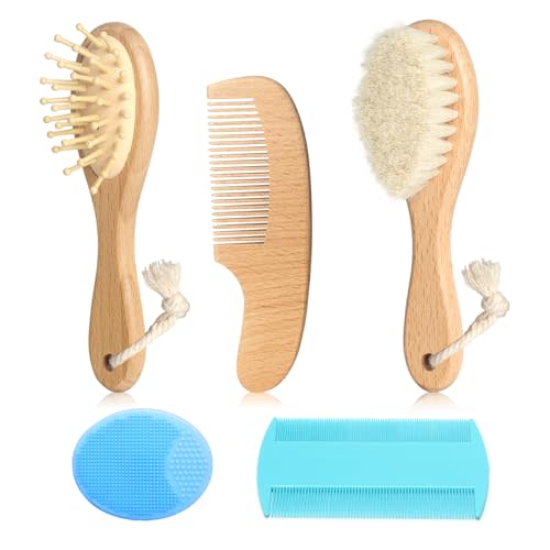 Wooden Natural Goat Bristle Brush and Cradle Cap Comb Set - 5 in 1 Baby Grooming Kit for Newborns, Toddlers, Boys, and Girls (Blue)
