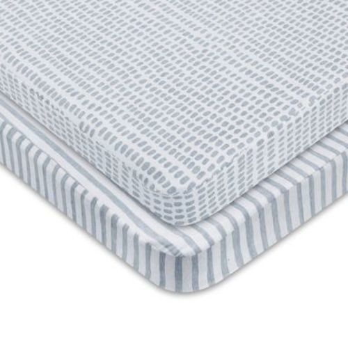 Ely's & Co. Baby Waterproof Fitted Pack n Play - Mini Crib Sheet 100% Combed Jersey Cotton Misty Blue Stripes and Splash 2 Pack