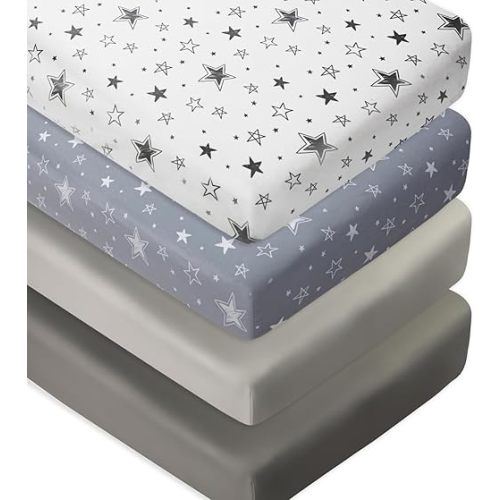 4 Pack Crib Sheets Star and Moon Neutral Unisex Baby Mattress Cover Fitted Crib Sheets Set for Baby Boys or Girls Star