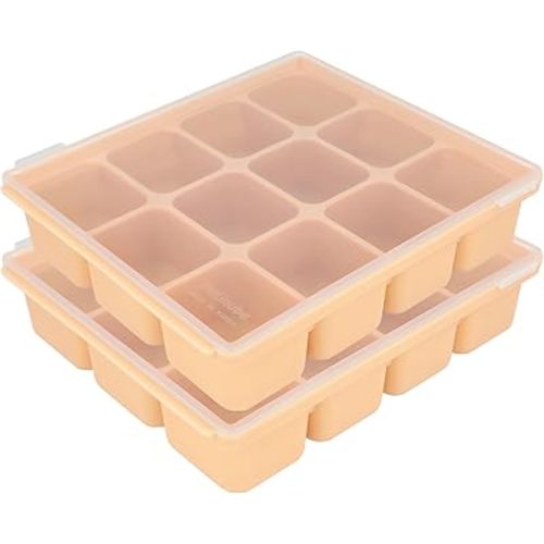 Baby Food Storage Silicone Cubes with Clip-On Lid Freezer Tray Baby Food Soups Purees Ice Safe Design Made in Korea (12cubes 1.5oz, Sand Beige Set OF2)