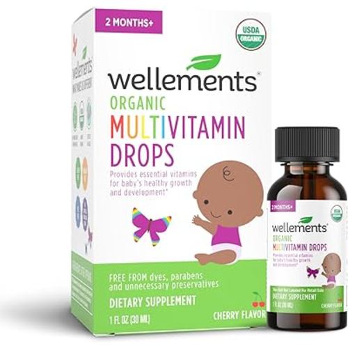 Wellements Organic Baby Multivitamin Drops | Liquid Multivitamin for Infants & Toddlers 2 Months+ | Certified Organic, No Artificial Colors or Flavors | Cherry Flavor, 1 Fl Oz. 30 Servings