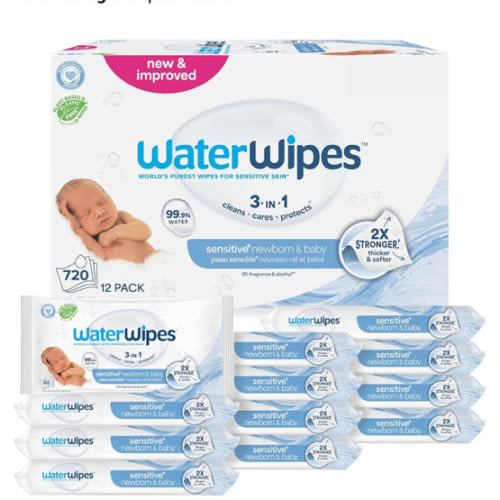 WaterWipes Sensitive+ Newborn & Baby Wipes, 3-In-1 Cleans, Cares, Protects, 99.9% Water, Unscented & Hypoallergenic, 720 Count (12 Packs)
