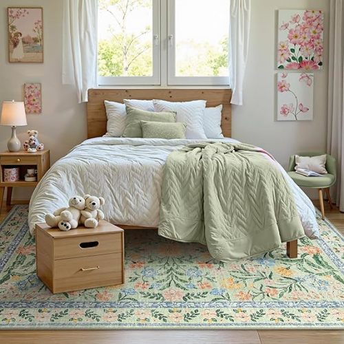 Floral 6x9 Rug for Nursery, Soft Green, 6x9